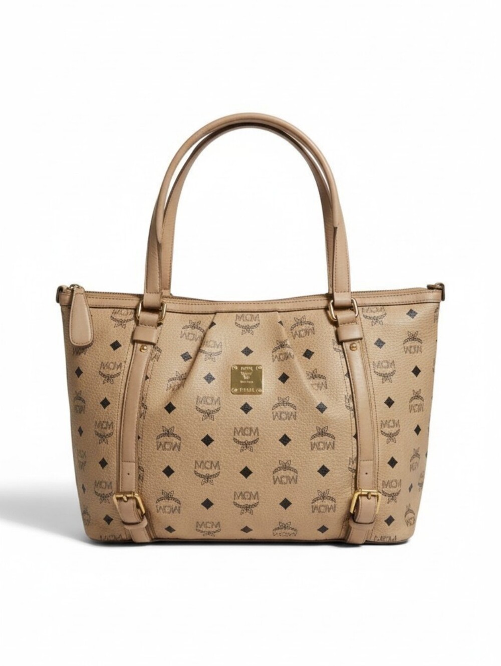 MCM Beige Monogram Canvas Tote with Gold Plaque
